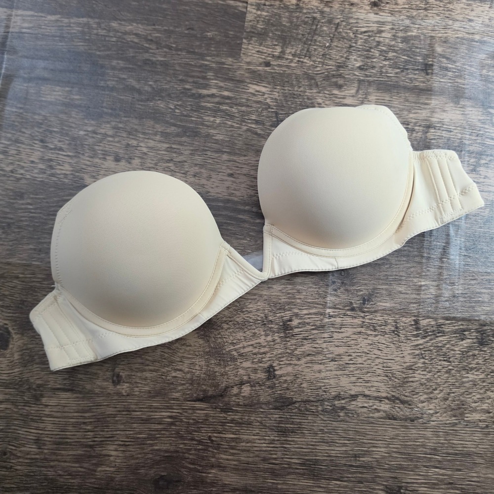 Strapless Bra Womens 34C Beige Padded Clear Back Strap Push Up